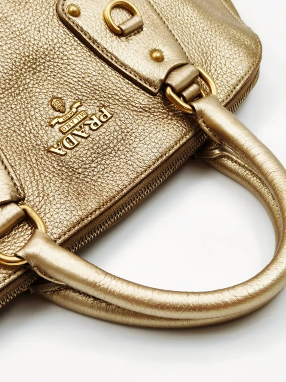 Prada Vitello Daino Metallic Gold Pebbled Leather Satchel Bag